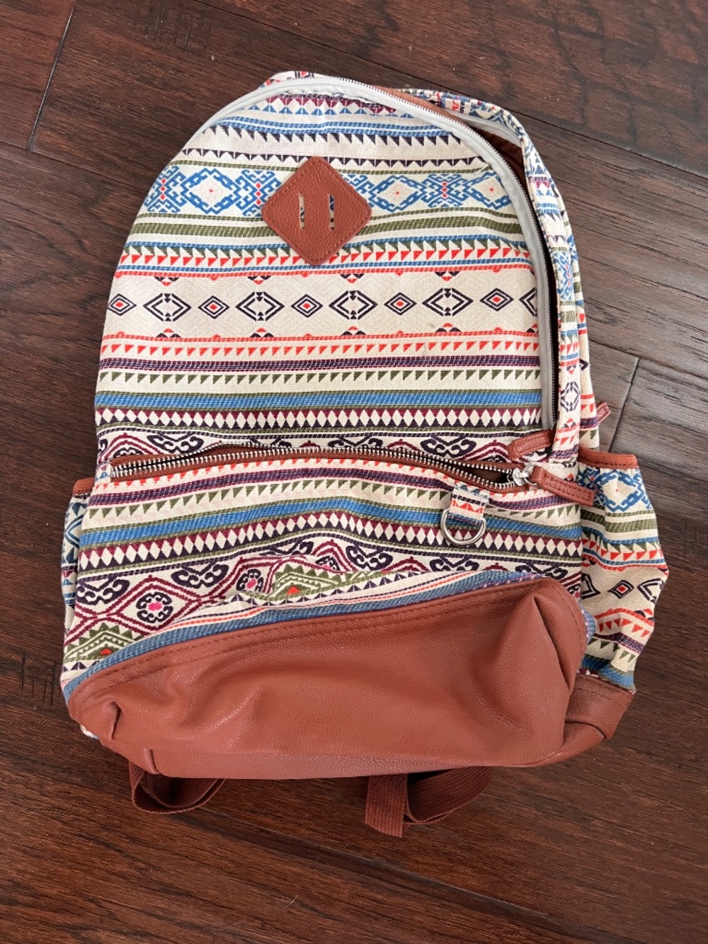 Multi-colored Geometric Tribal Pattern Backpack with Faux Brown Leather Accents